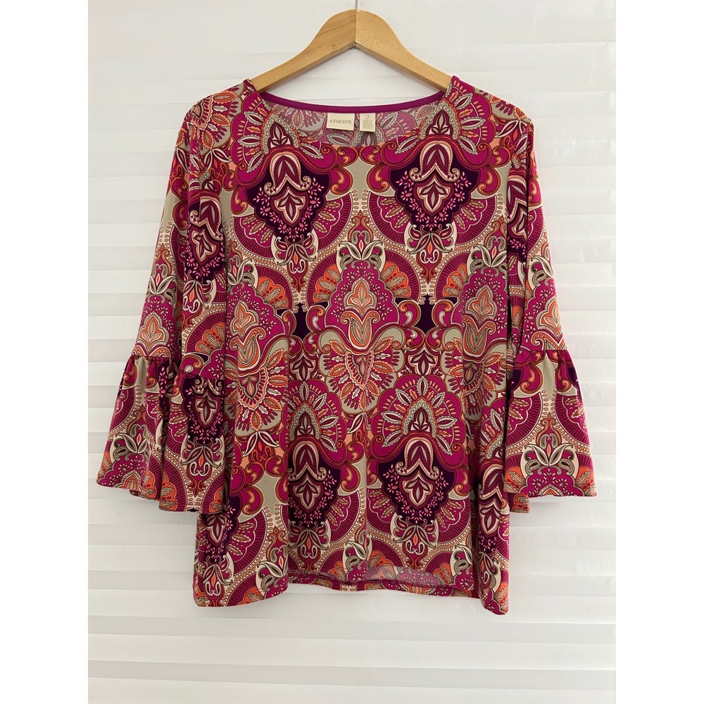 Chicos Paisley‎ Bell Sleeve Blouse Magenta Orange Purple Size 2 Large Boho Top